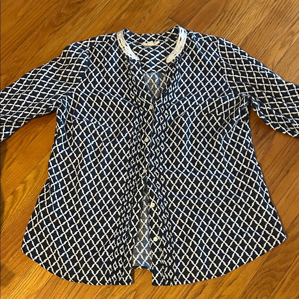 Women's Navy and White Patterned Top 1X